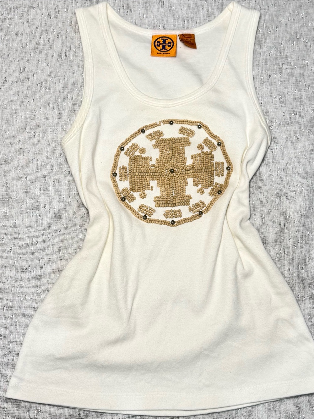 Tory Burch Beaded White Boho Summer Women’s Small Chic Vacation Cotton Tank